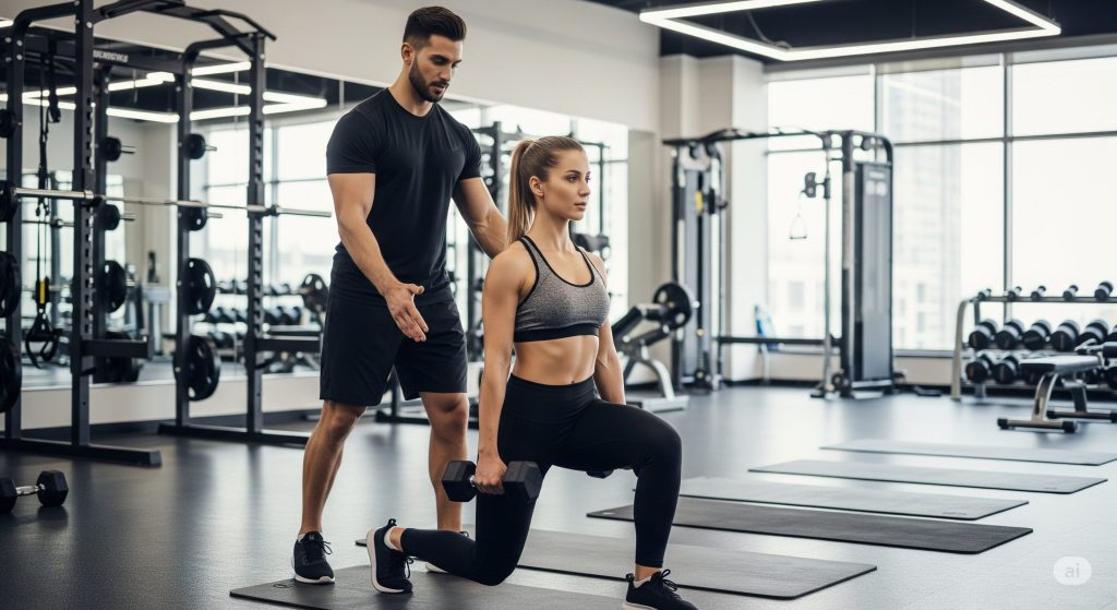 パーソナルトレーニング中の女性、補助する男性トレーナー

